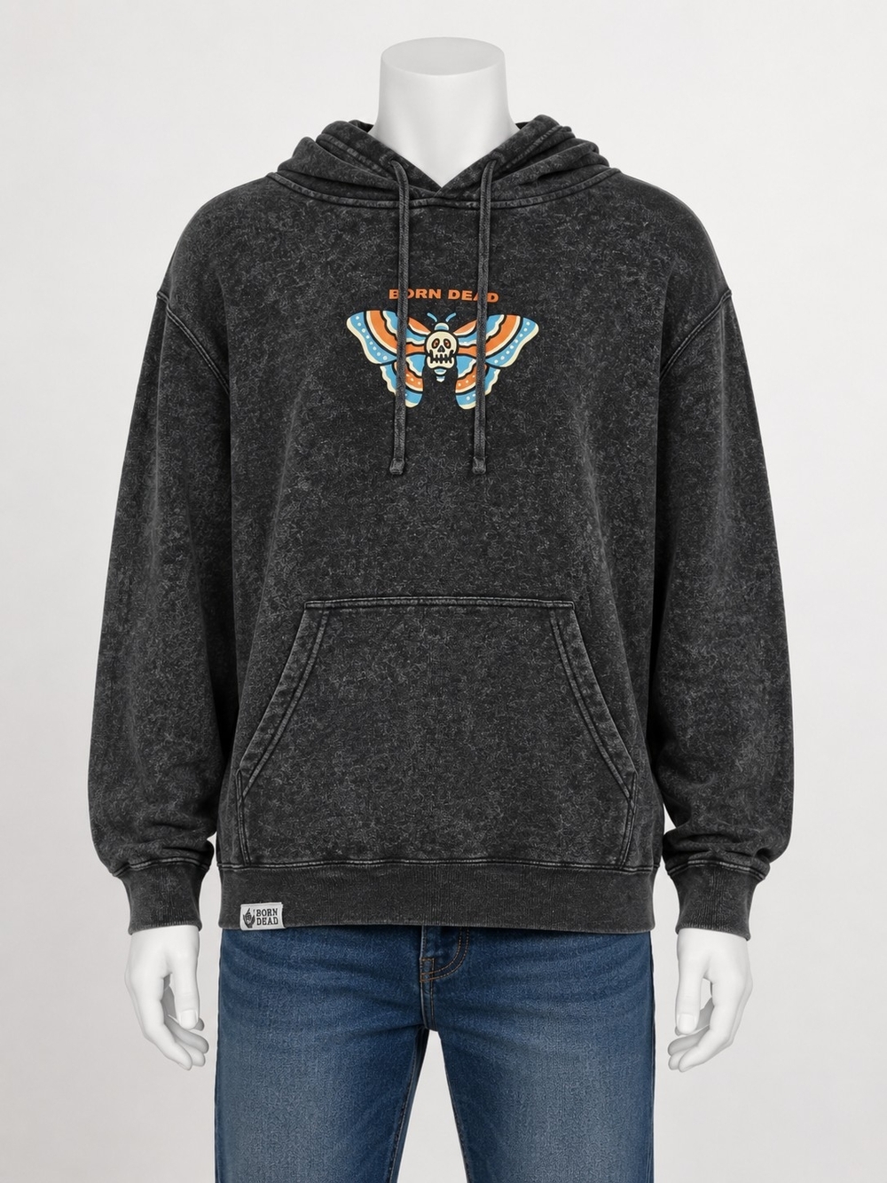 Born Dead Moth Skull Hoodie Black Acid Wash Pullover Graphic Rose Streetwear